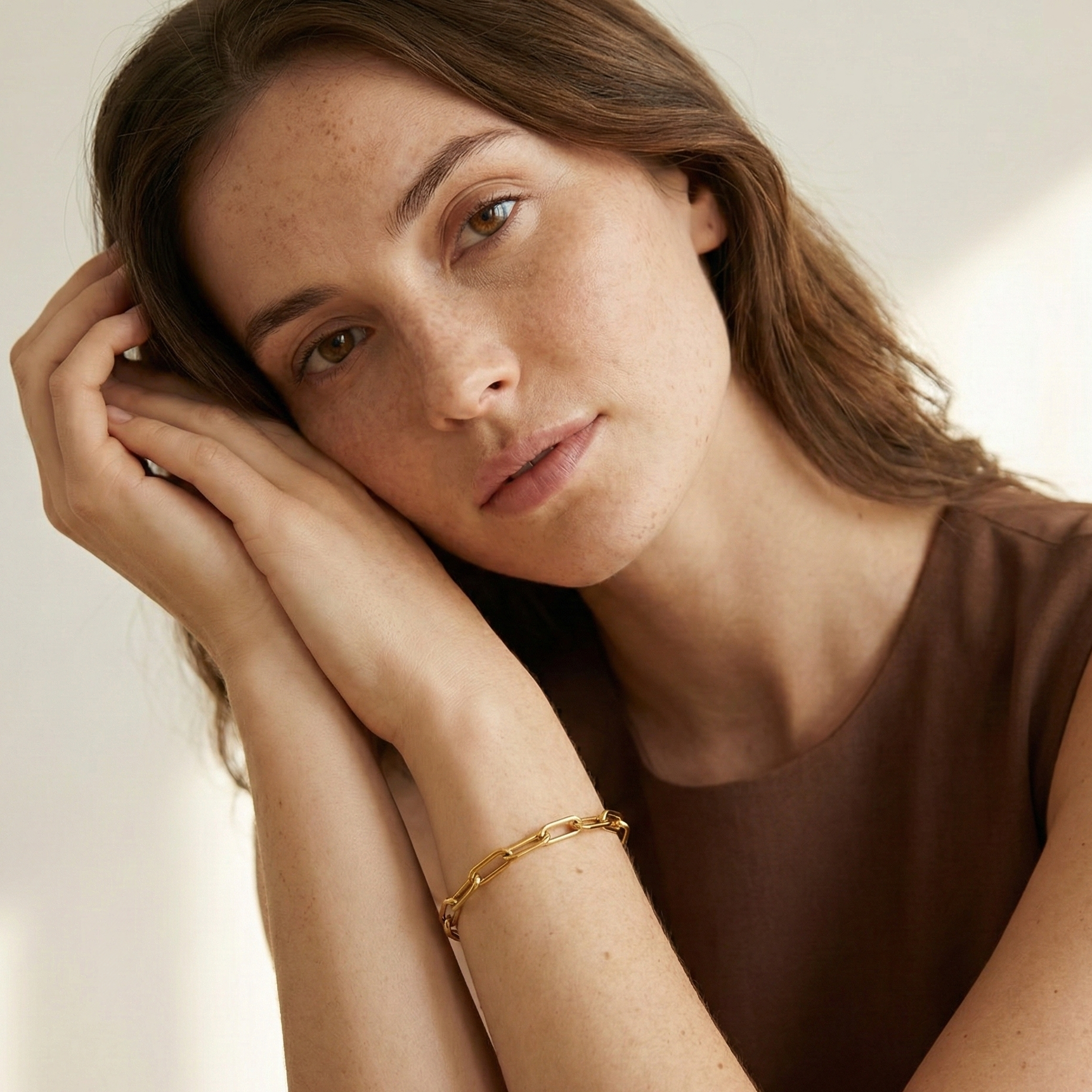 Dunkelhaariges Modell Trägt braunes Kleid und goldenes Paperclip Armband