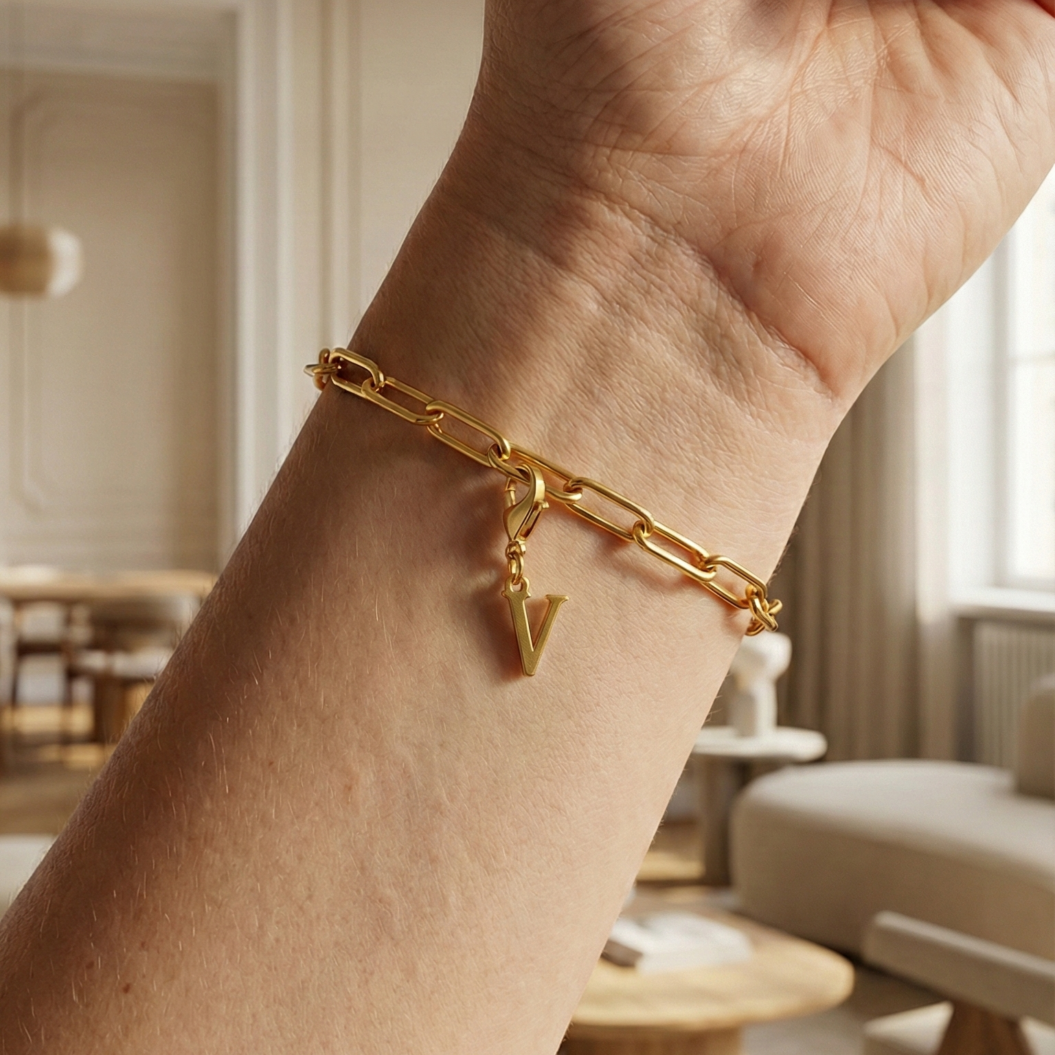 Charm V in gold hängt an goldenem Armband am Handgelenk. Im Hintergrund stylische Altbauwohnung