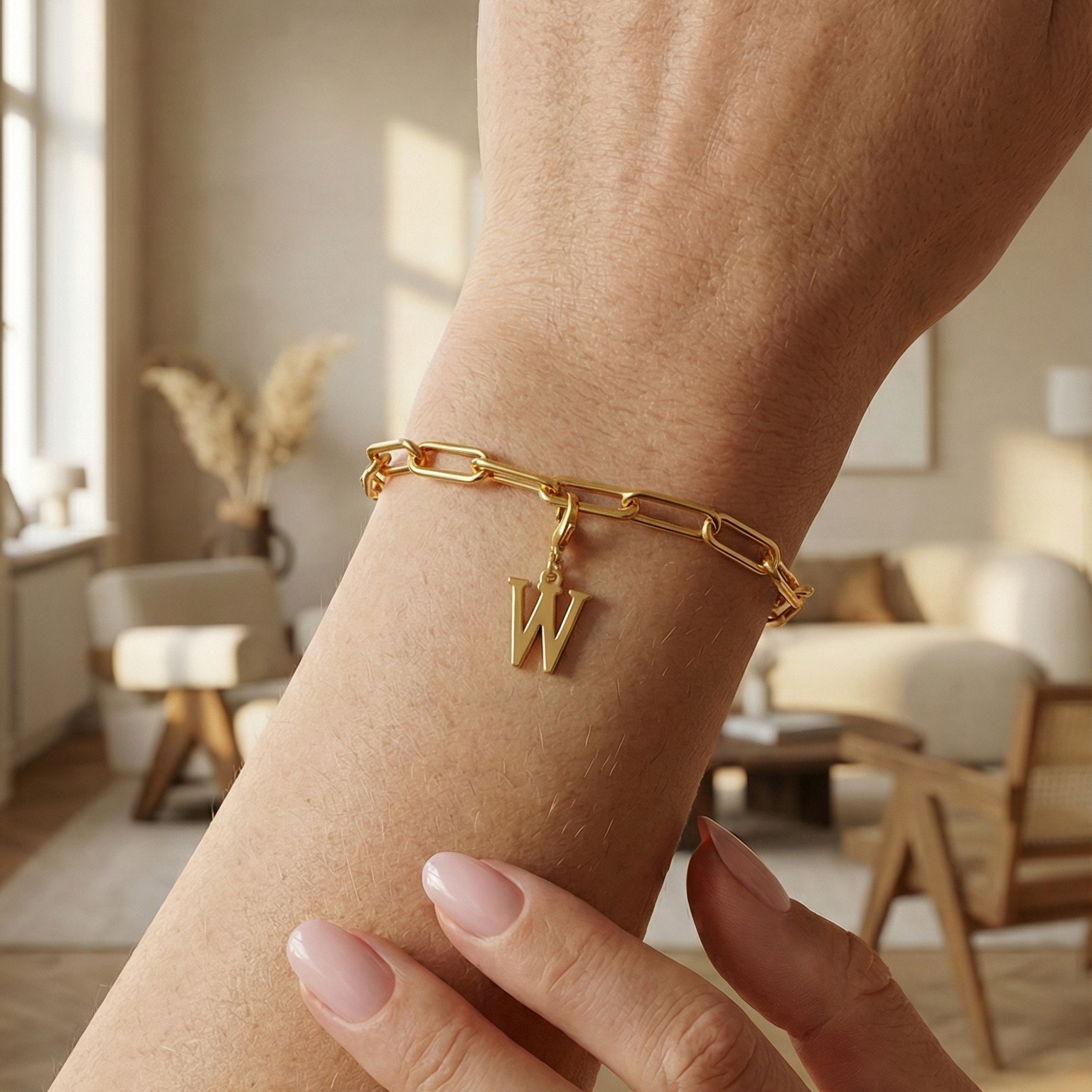 Charm W in gold hängt an goldenem Armband am Handgelenk. Im Hintergrund stylische Altbauwohnung