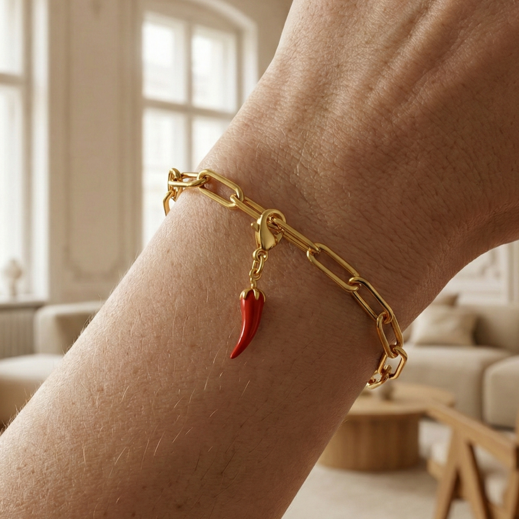 Charm Chili in gold hängt an goldenem Armband am Handgelenk. Im Hintergrund stylische Altbauwohnung