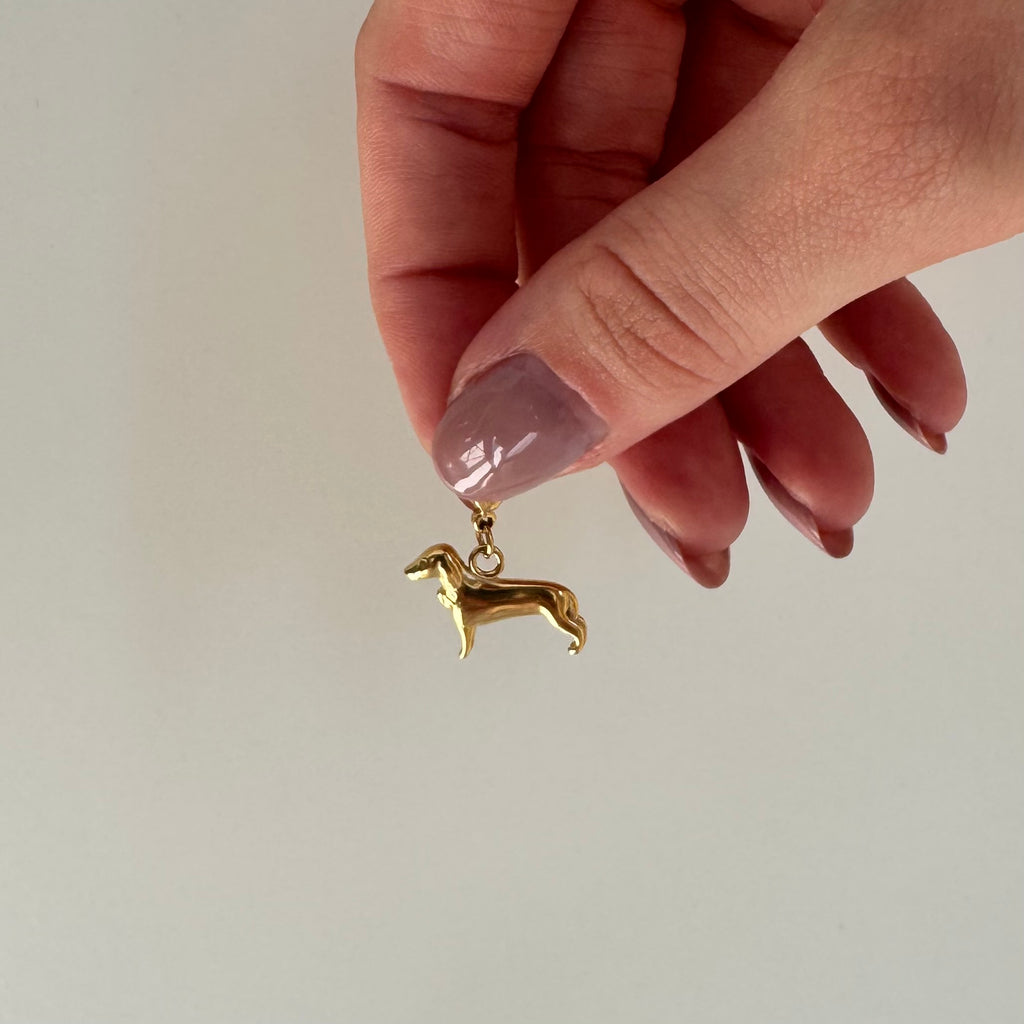 Ein goldener Hundeanhänger wird in Daumen und Zeigefinger gehalten und baumelt vor weißem Hintergrund. 