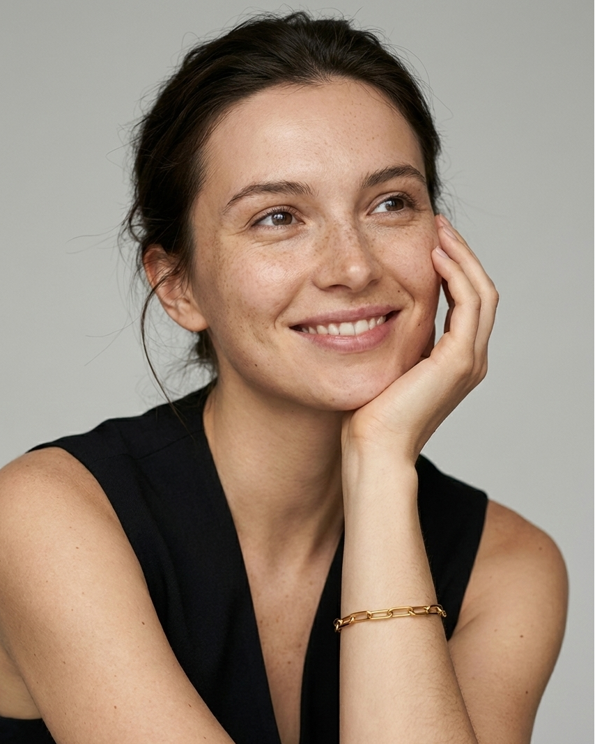 dunkelhaariges Model mit Sommersprossen lehnt sich auf ihre Hand hat eine schwarze Weste an und ein Goldenes Armband um