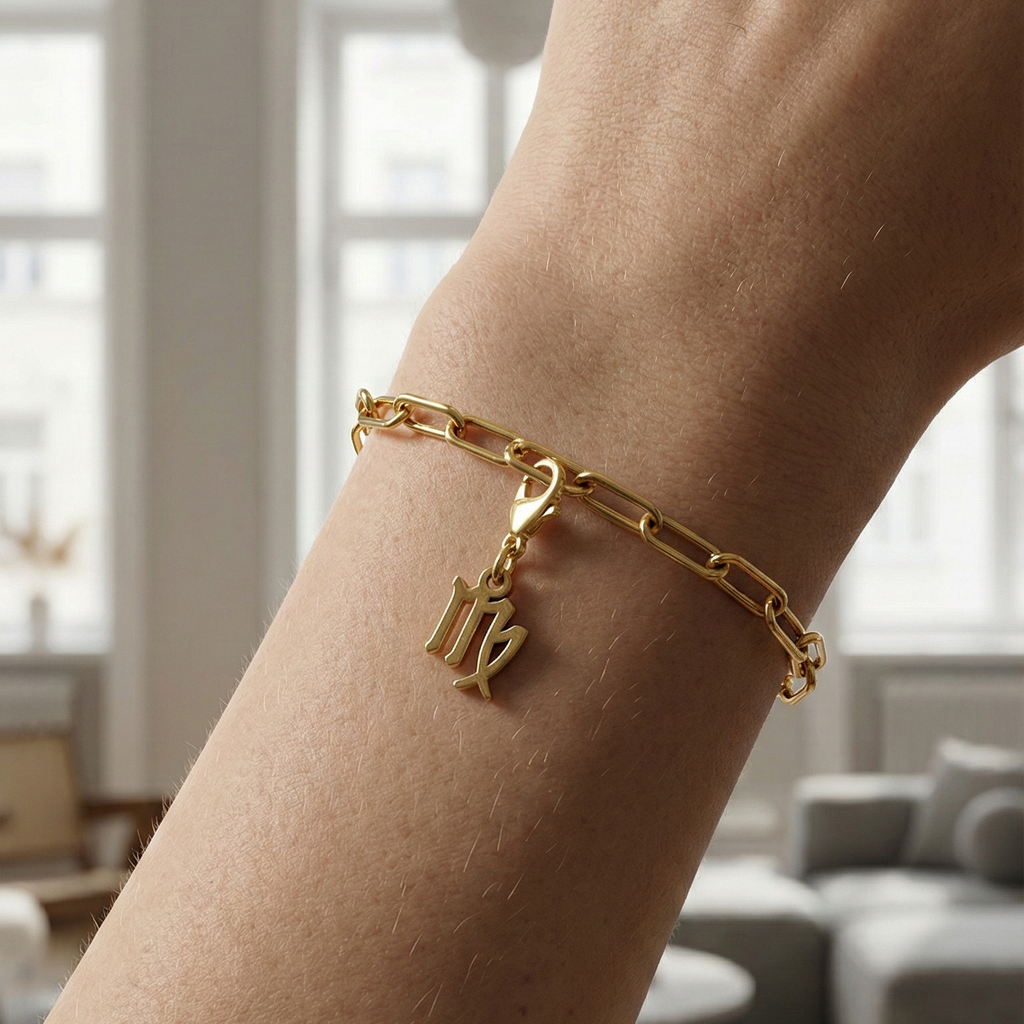 Charm Sternzeichen Jungfrau in gold hängt an goldenem Armband am Handgelenk. Im Hintergrund stylische Altbauwohnung