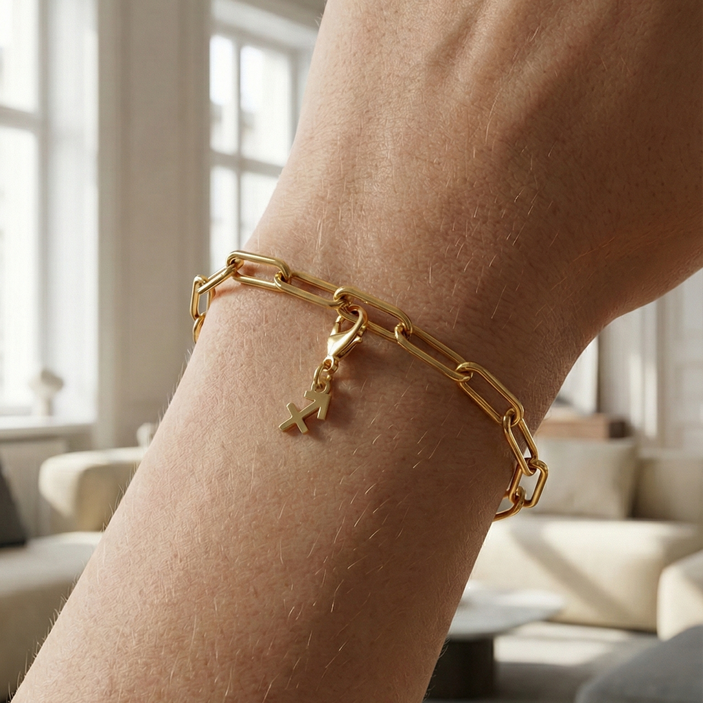 Charm Sternzeichen Schütze in gold hängt an goldenem Armband am Handgelenk. Im Hintergrund stylische Altbauwohnung
