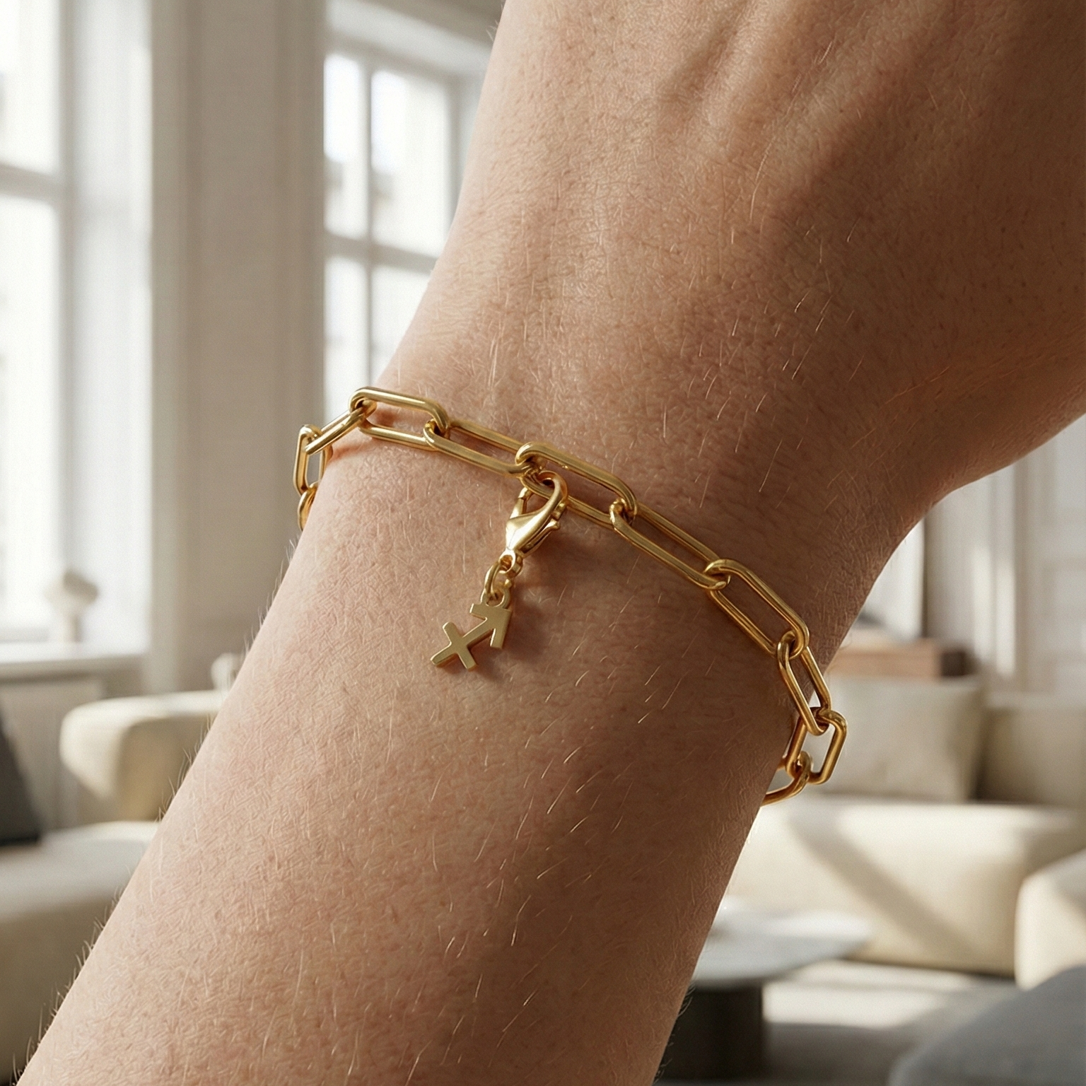 Charm Sternzeichen Schütze in gold hängt an goldenem Armband am Handgelenk. Im Hintergrund stylische Altbauwohnung