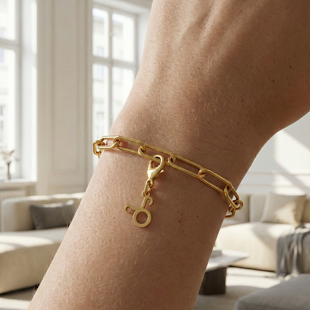 Charm Sternzeichen Stier in gold hängt an goldenem Armband am Handgelenk. Im Hintergrund stylische Altbauwohnung