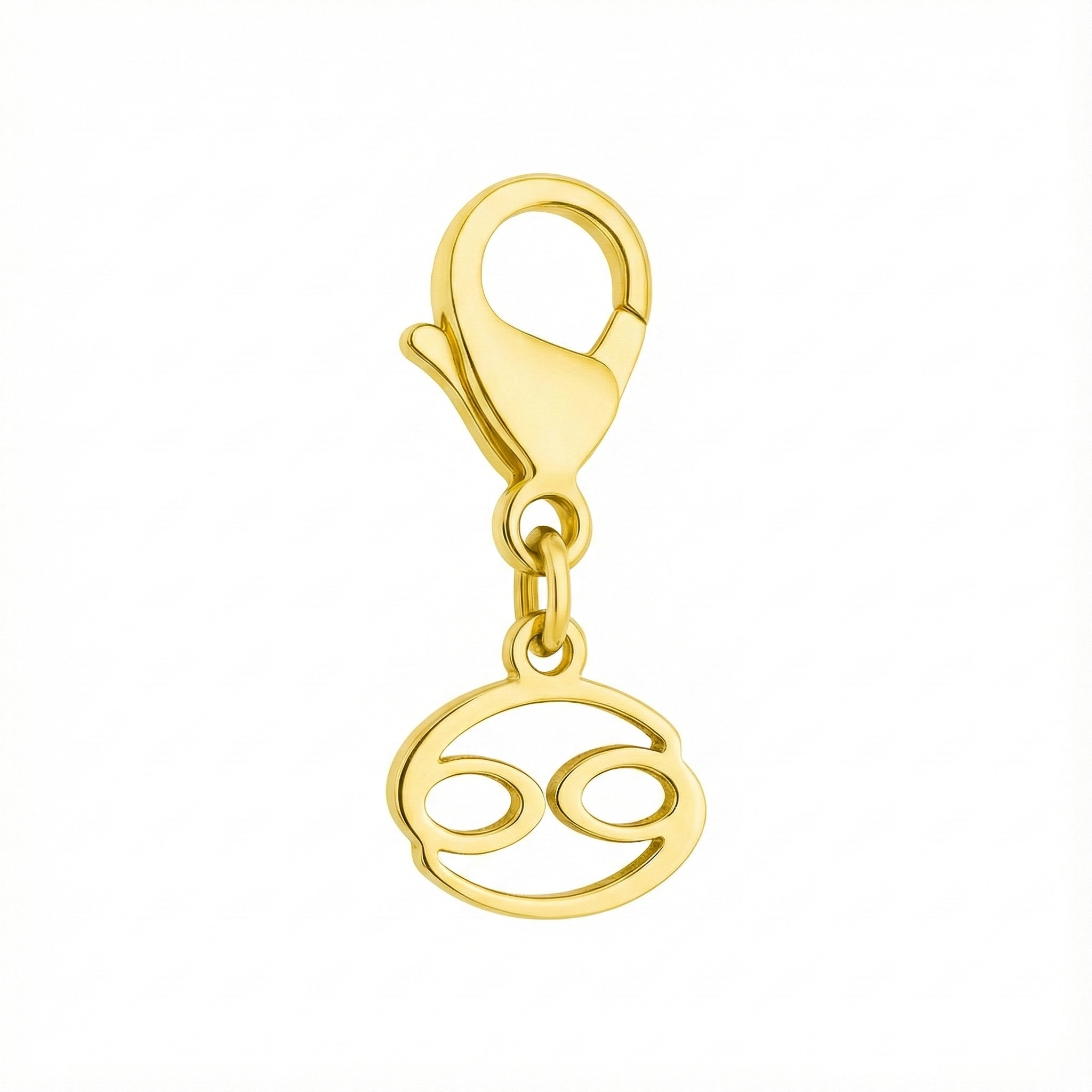 Cancer zodiac charm in 18k gold using the original GLIIM clip, isolated on a white backdrop.