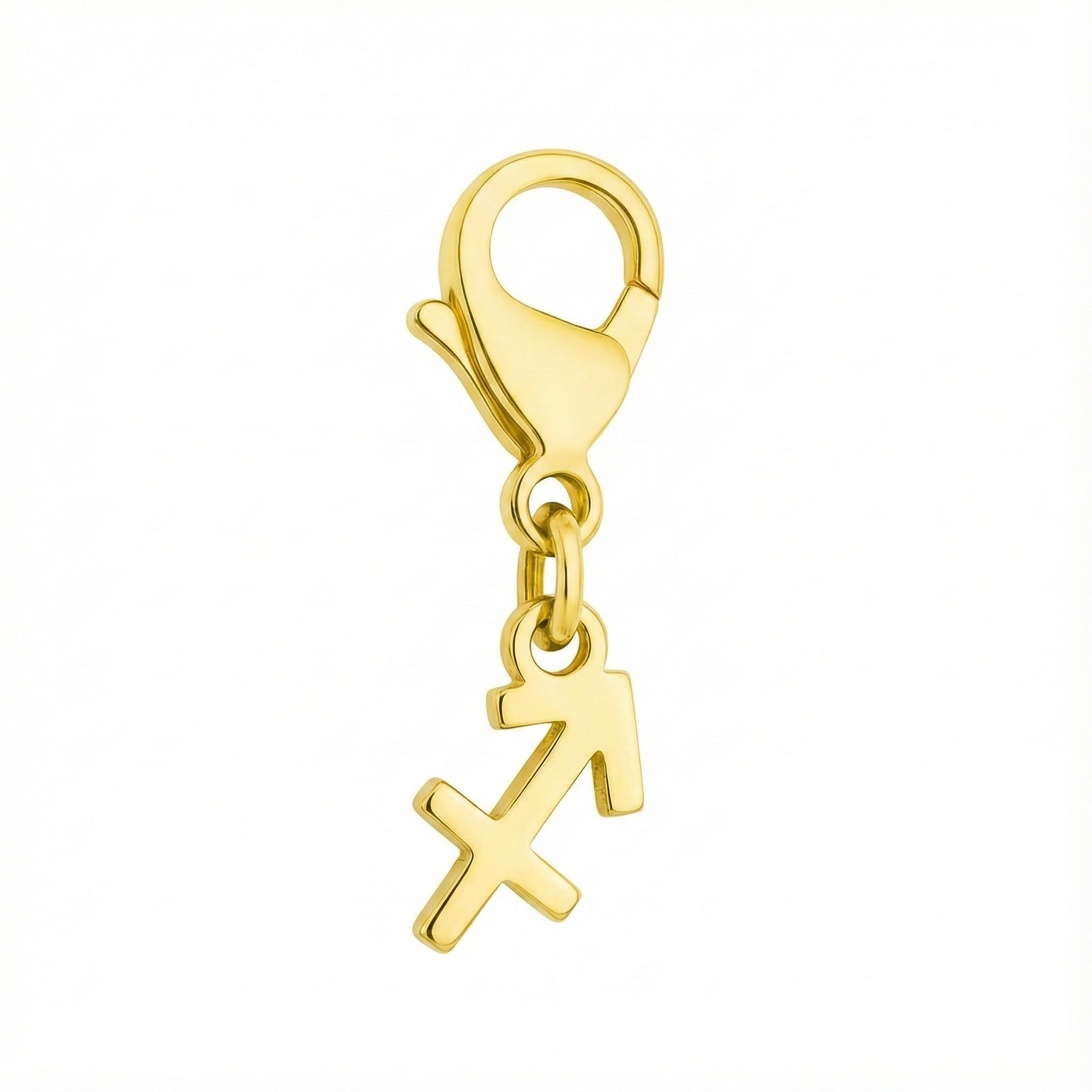 Sagittarius zodiac charm in 18k gold using the authentic GLIIM clip on a plain white background.