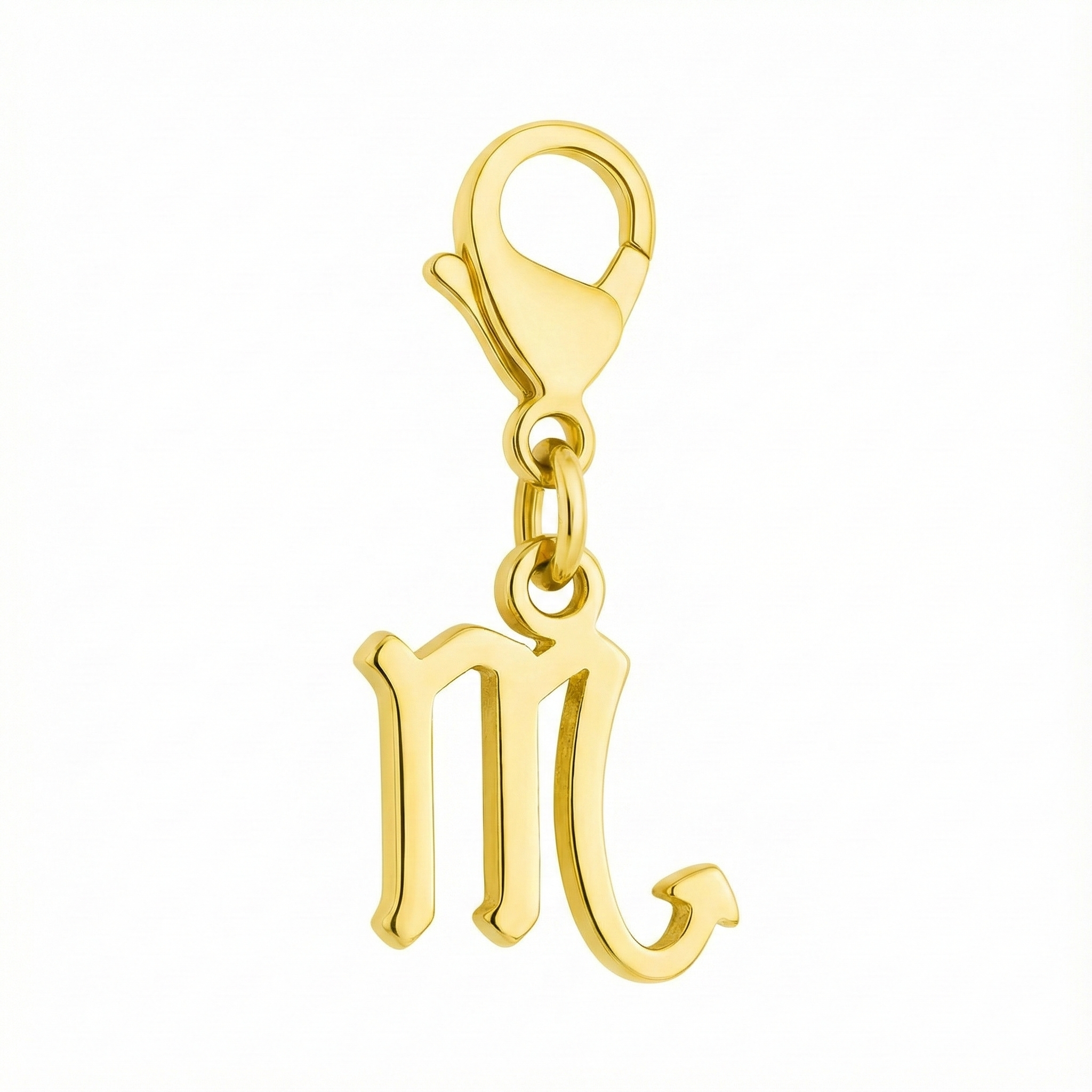 Scorpio zodiac charm in 18k gold with the correct GLIIM clip, displayed in a minimal white e-commerce setting.