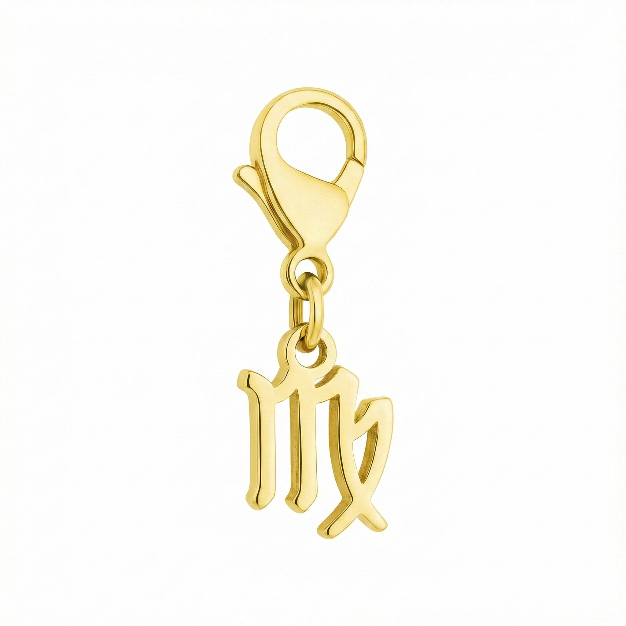 Virgo zodiac charm in 18k gold with exact clip detailing, shown on a pure white background.